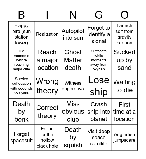 Austin's Outer Wilds Ventue Bingo Card