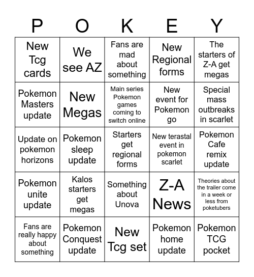 Pokemon Presents Bingo Card