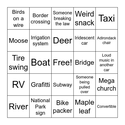 Road Trip Bingo Card