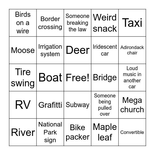 Road Trip Bingo Card