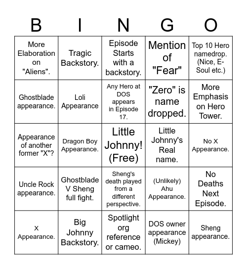 To Be Hero X Arc #7 Bingo Card. Bingo Card