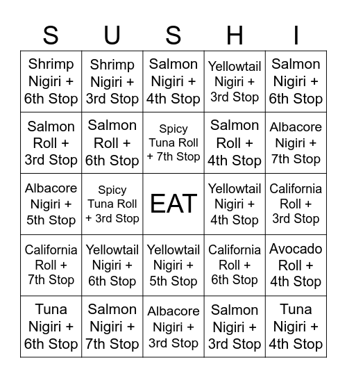 Jori Sushi Bingo Card