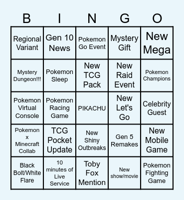 Pokemon 2025 July Showcase Bingo Card