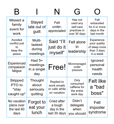 Leadership Burnout Bingo Card