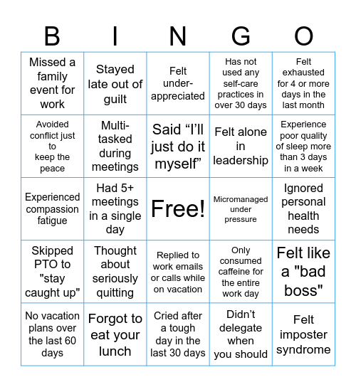 Leadership Burnout Bingo Card