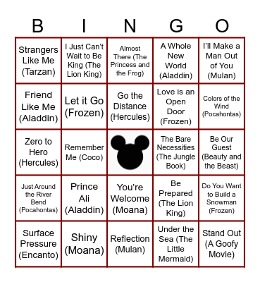 Disney Bingo Card