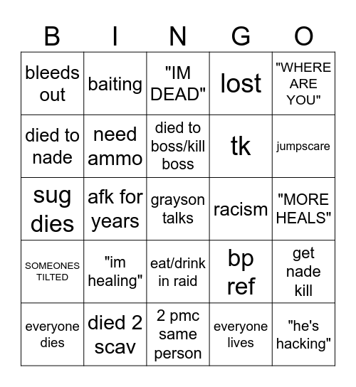tarkov Bingo Card