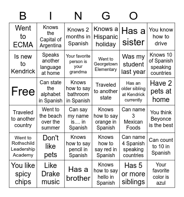 Bienvenidos a la clase de espanol Bingo Card