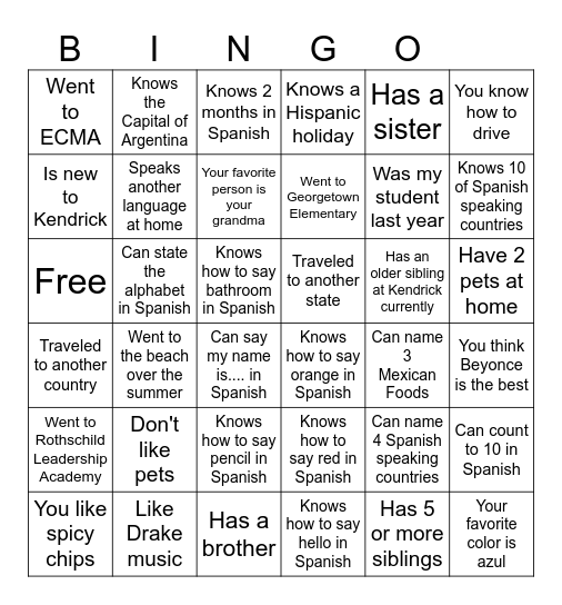 Bienvenidos a la clase de espanol Bingo Card