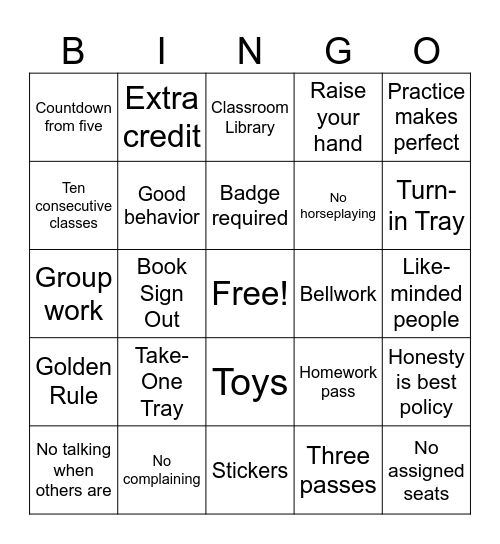 Classroom Expectations Bingo Card