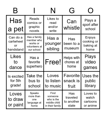 Classmate Bingo Card