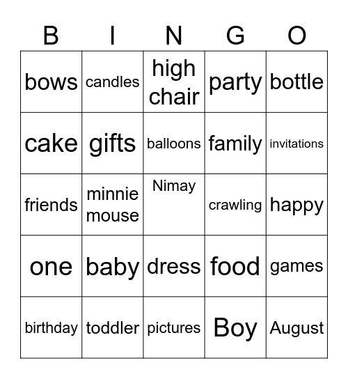 1st Birthday Nimay Bingo Card