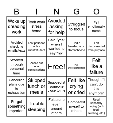 Burnout Bingo Card