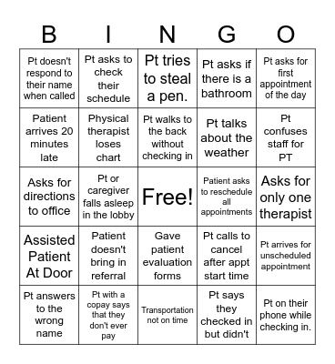 Medical Front Desk Bingo Card
