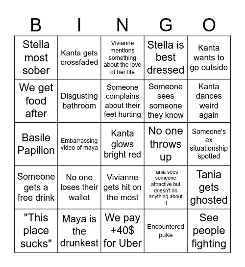 Night Out Bingo Card
