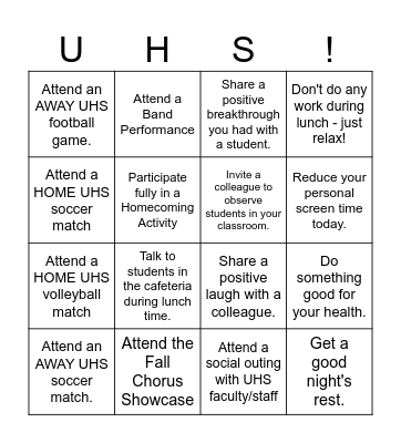 UHS Staff - Fall Bingo 2025-2026 Bingo Card