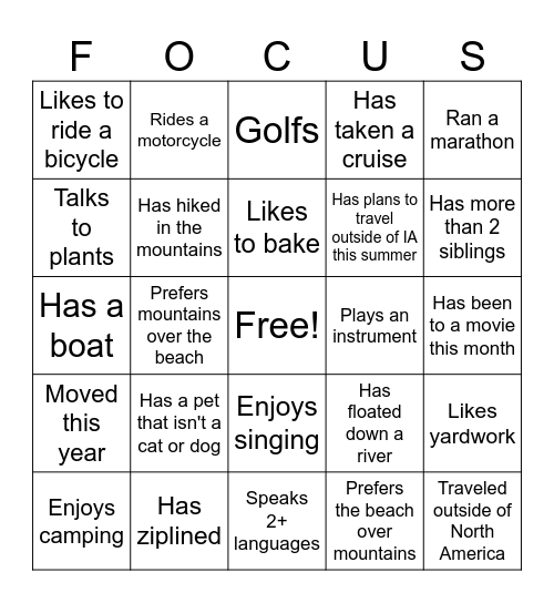 Team Building Bingo Card
