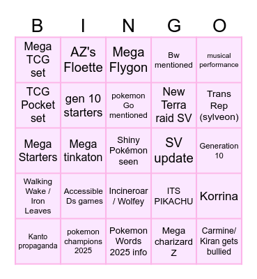Pokemon Presents July Bingo Card