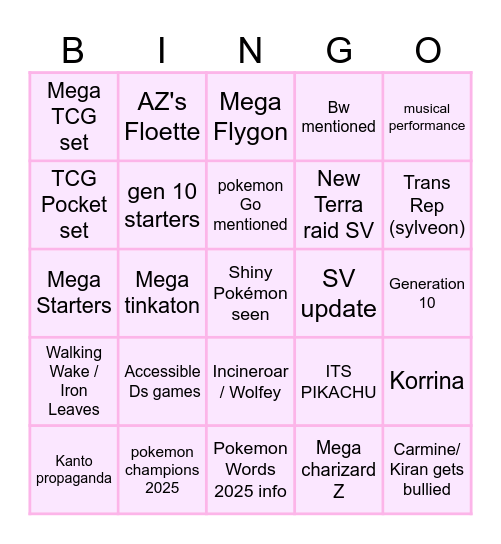 Pokemon Presents July Bingo Card