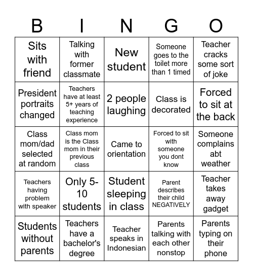 Orientation day bingo card Bingo Card