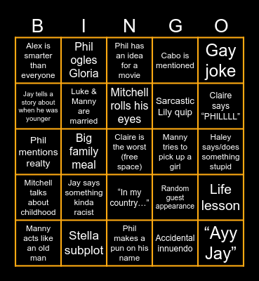 Modern Family Bingo Card