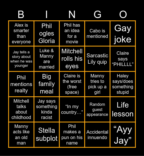Modern Family Bingo Card