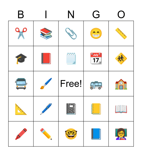 Back to school Bingo Card