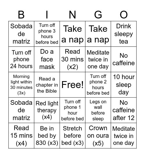 30 Days of Sleep (7 hour min) Bingo Card