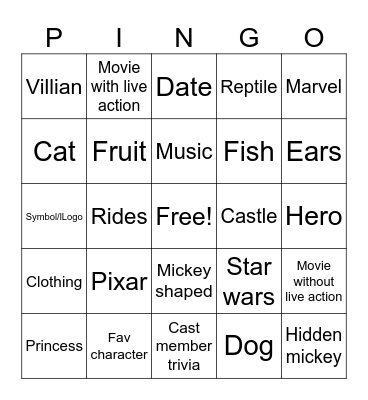 Disney pin bingo Card