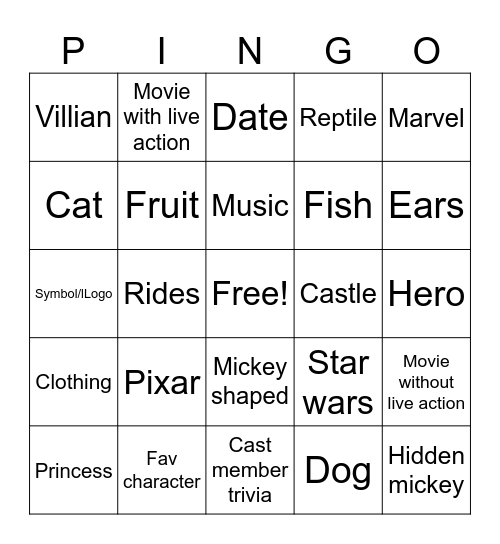 Disney pin bingo Card
