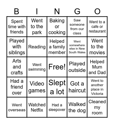 School Holiday Bingo Card