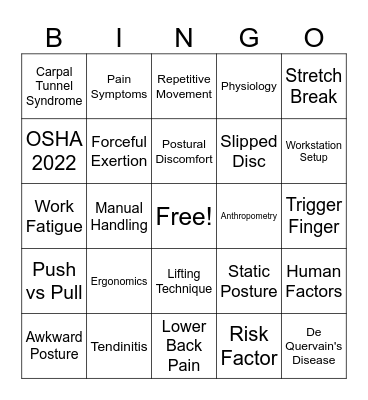 Ergonomics Bingo Card