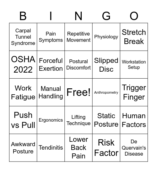 Ergonomics Bingo Card