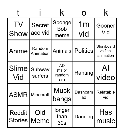 Tiktok Bingo Card
