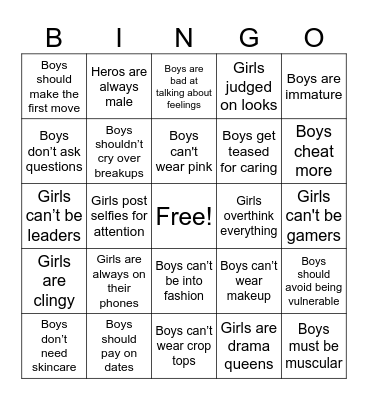 Gender Stereotypes Bingo Card