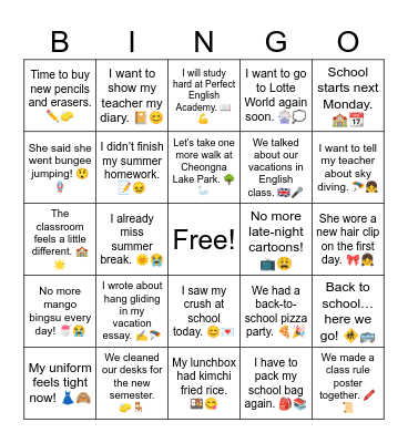 Summer Vacation Ends Bingo Card