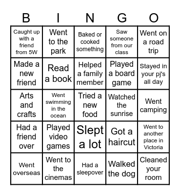 School Holiday Bingo Card