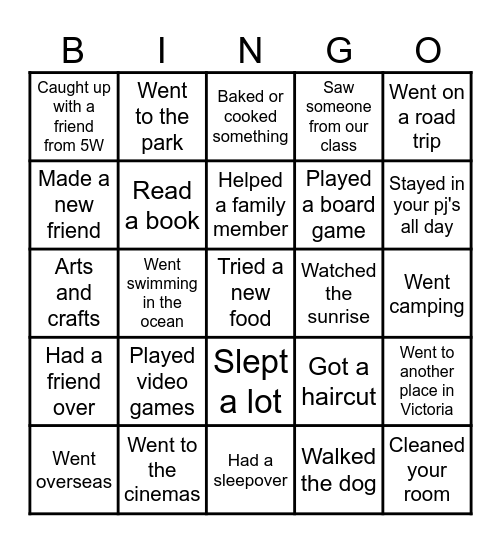 School Holiday Bingo Card