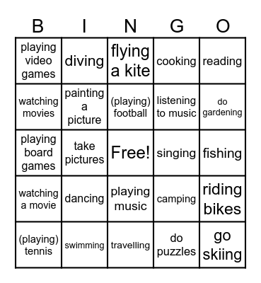 Leisure Activities Bingo Card