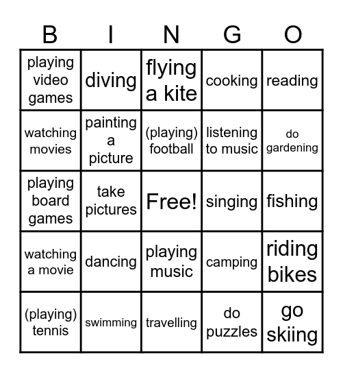 Leisure Activities Bingo Card