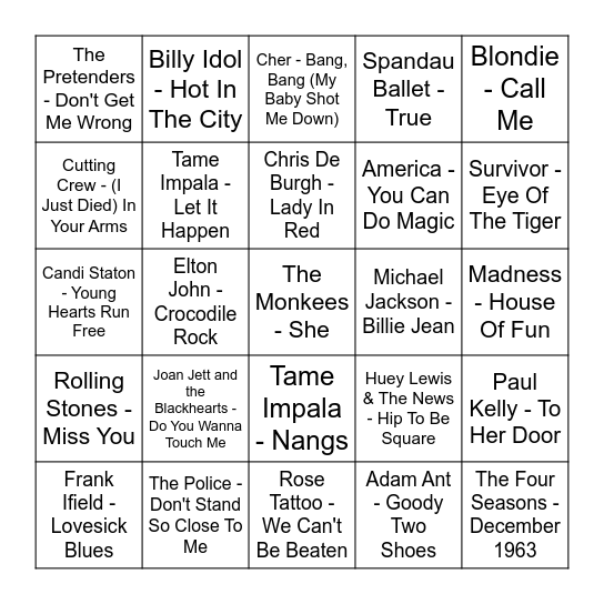 ★ Music Bingo w Bonnie Anne ★ Bingo Card
