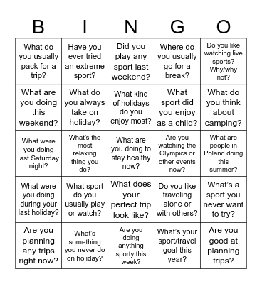 Sport and Leisure Bingo Card