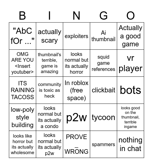 roblox game (see how generic it is) Bingo Card