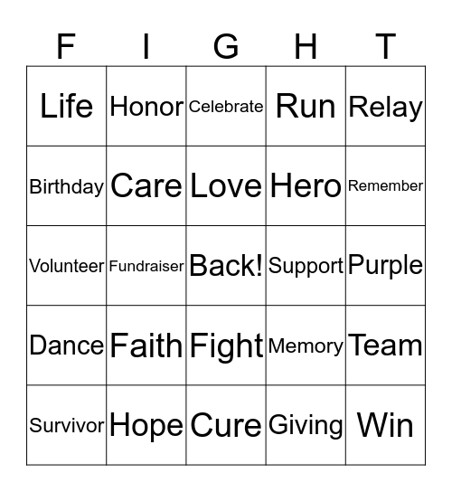 Relay for Life Bingo Card