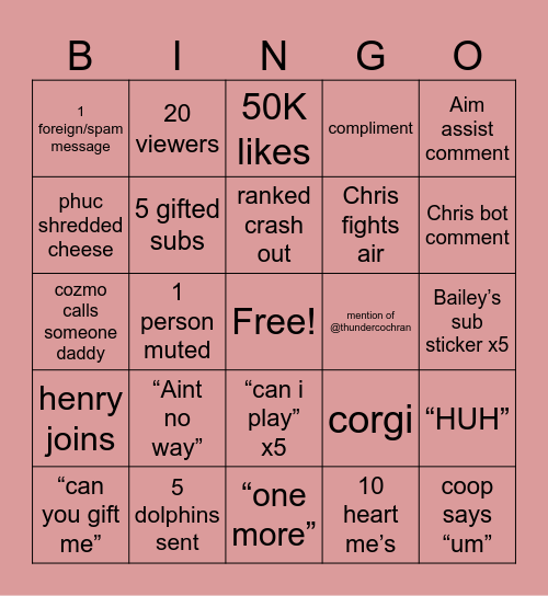 Chris Stream Bingo Card