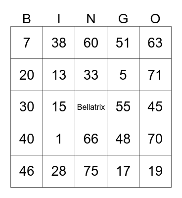 Bingo Bellatrix Bingo Card