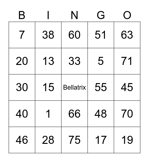 Bingo Bellatrix Bingo Card