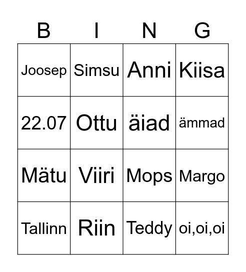 Riin ja Margo Bingo Card