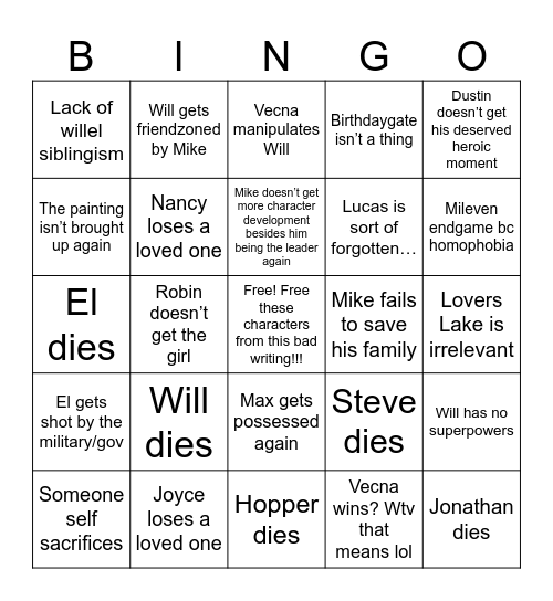 Doomsday Bingo aka my petty predictions for s5 of strangle thingles Bingo Card