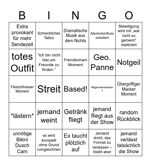 Universal Reality TV Bingo Card